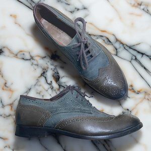 Women's Oxford Leather Shoes - 6 US - Two-Tone Grey and Brown